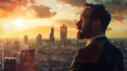 A Successful Businessman Gazes Into The Distance Against The City Skyline, Background HD For Designer         © PicTCoral