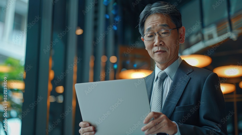 A Successful Mature Asian Professional Uses A Laptop Inside An Office, Background HD For Designer A Successful Mature Asian Professional Uses A Laptop Inside An Office, Background HD For Designer