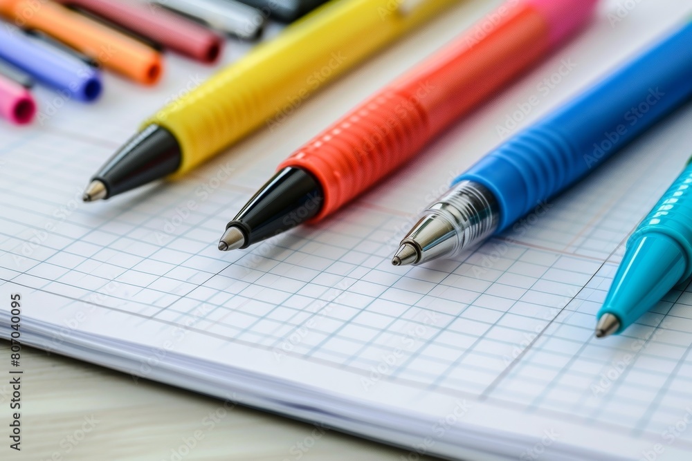 Several vibrant pens in various colors are placed on top of a notebook, ready to be used for brainstorming, financial planning, or creative projects. Generative AI Several vibrant pens in various colors are placed on top of a notebook, ready to be used for brainstorming, financial planning, or creative projects. Generative AI