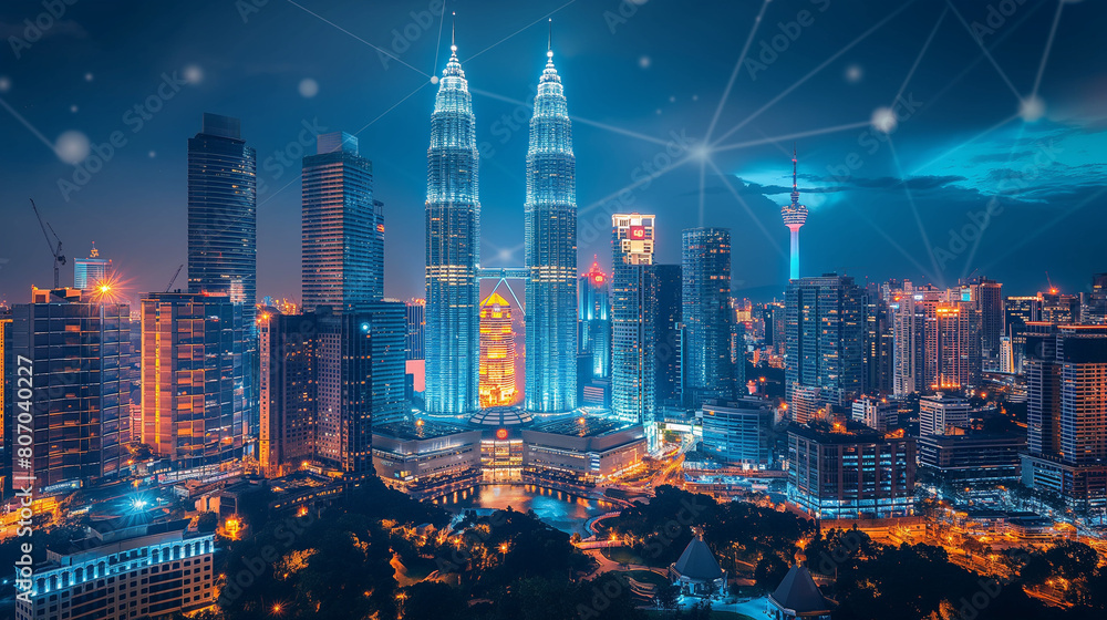 Digital network connection lines of Kuala Lumpur Downtown, Malaysia. Financial district and business centers in smart city in technology concept. Skyscraper and high-rise buildings at night.