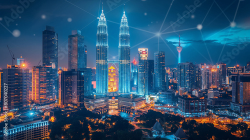 Digital network connection lines of Kuala Lumpur Downtown  Malaysia. Financial district and business centers in smart city in technology concept. Skyscraper and high-rise buildings at night.