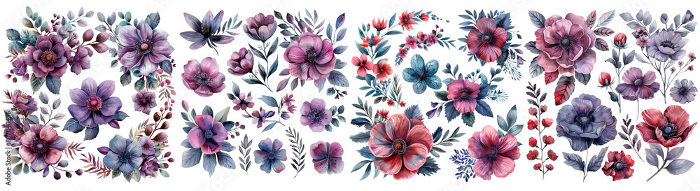 Set of Watercolor florals fuchsia and grey illustration PNG element cut out transparent isolated on white background ,PNG file ,artwork graphic design.
