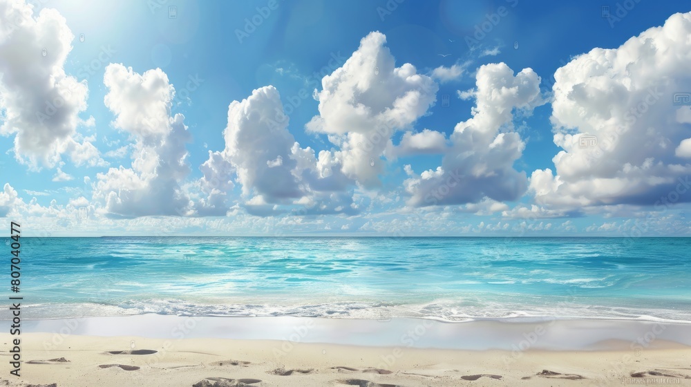 Beautiful empty tropical sea ocean beach with white clouds on blue sky background generative ai