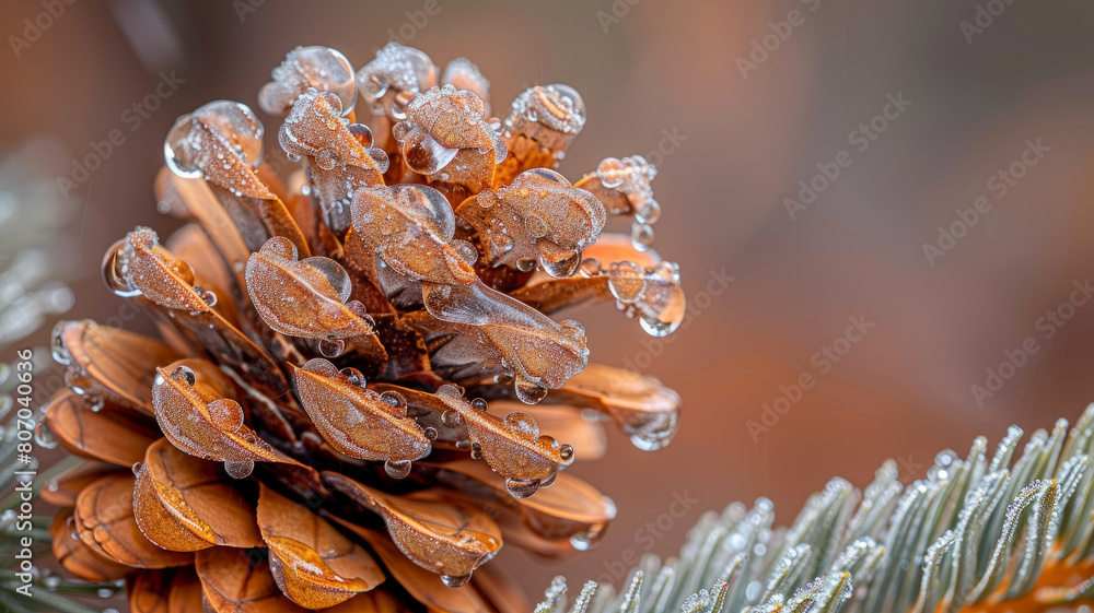 Fototapeta premium Closeup of a dew-covered pinecone.