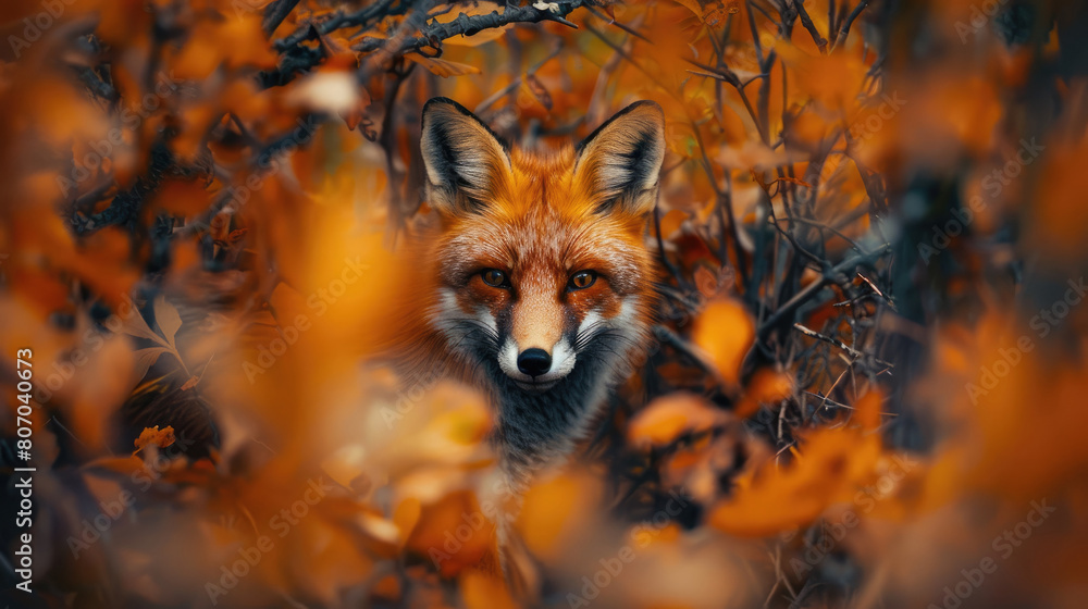 A red fox peeked out from behind the autumn leaves A red fox peeked out from behind the autumn leaves