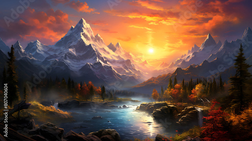 Sunset Over the Mountains  Describe the vibrant hues as the sun dips below the rugged peaks.