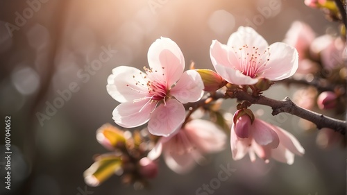 A blossom on a tree branch with ambient sunlight and bokeh creating a hazy background