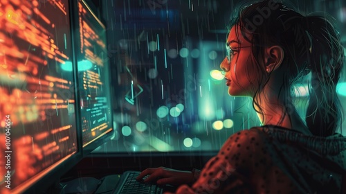A Woman Works At Her Computer Amidst Night Reflections And Neon Lights, Programming For Cloud Computing And More, Background HD For Designer         © PicTCoral