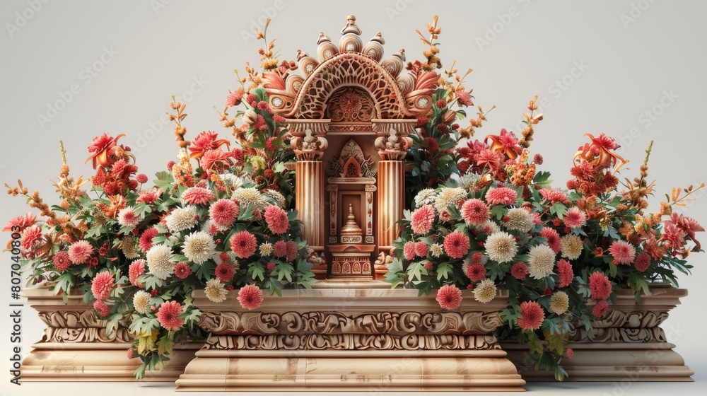 A beautiful flower arrangement with a statue in the middle