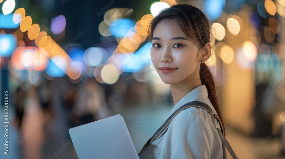 Obraz premium A Young Asian Businesswoman, Carrying A Laptop, Symbolizes Business Mobility, Background HD For Designer 