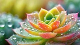 カラフルな多肉植物の葉っぱに付く、宝石のような水滴のイメージイラスト