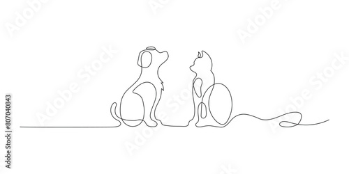 Cute dog and cat looking at each other, pet online continuous hand drawn vector objects. Cute pets one line art. Vector illustration