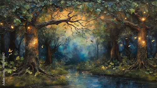 Encaustic painting: A whimsical, enchanted forest, with gnarled trees, twinkling fireflies, and a hidden, ivy-covered doorway, all painted in the rich, atmospheric layers and textures of encaustic photo