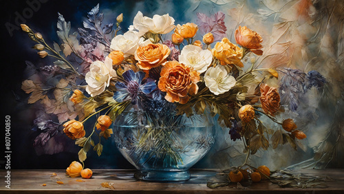 Encaustic painting: An elegant, floral still life, featuring a lush bouquet of fresh flowers in a crystal vase, all painted in the rich, velvety layers and textures created by encaustic