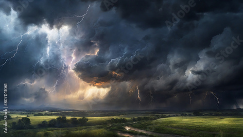 Glaze painting: A dramatic, stormy sky, with dark clouds billowing and streaks of lightning illuminating the landscape below, all captured in the depth and luminosity of glaze  photo