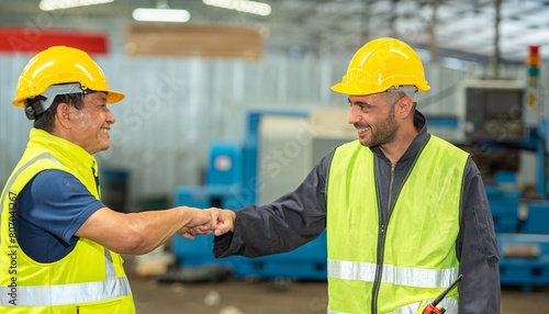 greeting by handshake touch fist and elbow of two engineer supervisor partnership in old factory. foreman greeting friend for good friendship colleague laborer in teamwork factory. photo