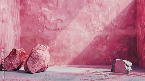 Vivid pink textured wall with large rhodonite rose-hued rocks on a glossy surface. Empty copy space for design or product presentation. Generative AI photo