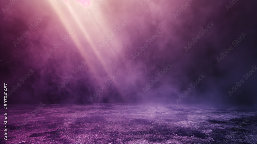 Majestic purple beams of light illuminating a empty dusty stage. Shiny festive background for product presentation or award ceremony. Copy space. Generative AI