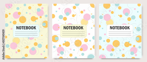 Cover design for notebooks or diaries with an abstract pattern of circles and bubbles. Template for covers of diaries, albums, notebooks, and other printed materials. Vector illustration.