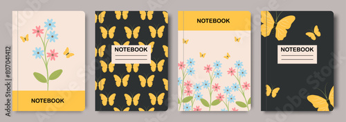 Back to school, vector covers for diary and notebook. Background design with botany elements, with flowers and butterflies. Children's botanical flat design hand drawn illustration for cover template.