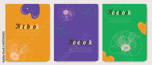 A set of diary cover templates with hand drawn floral design. Abstract retro botanical background, for school notebooks, planners, brochures, books, catalogs, covers.