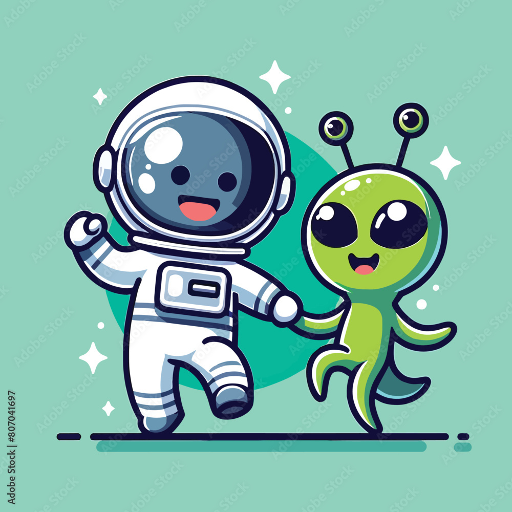 illustration of happy alien and astronaut dancing together illustration of happy alien and astronaut dancing together