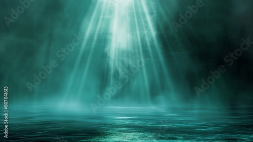 Majestic teal beams of light illuminating a empty dusty stage. Shiny festive background for product presentation or award ceremony. Copy space. Generative AI