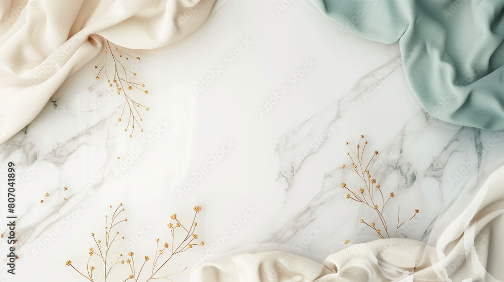 Elegant white marble background with draped beige and mint green fabric and delicate golden floral branches. Empty copy space. Natural lighting and shadows. Generative AI Elegant white marble background with draped beige and mint green fabric and delicate golden floral branches. Empty copy space. Natural lighting and shadows. Generative AI