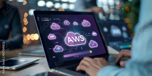 man working on a laptop with AWS web services holographic digital business hub device