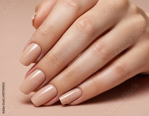 Woman hand with nude shades nail polish on her fingernails