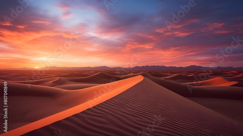 Panorama of sand dunes in the Sahara desert at sunset  Morocco