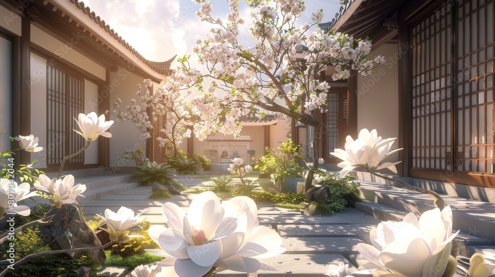 A beautiful garden with a tree in the middle and white flowers surrounding it A beautiful garden with a tree in the middle and white flowers surrounding it
