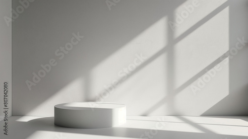 Modern minimalist white marble pedestal on a sunlit backdrop. Minimal modern abstract design. Empty copy space. Generative AI