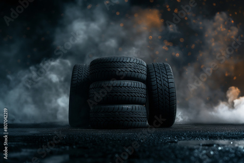 Tubeless car tires in a dark smoky room, side and backlight. Focus is in the center of the frame photo