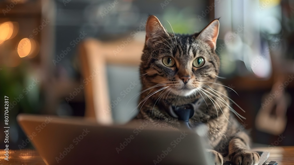 Business cat in office attire works on laptop in corporate setting. Concept Cat, Business, Office, Laptop, Corporate Setting