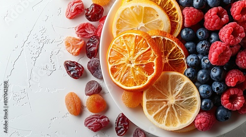 Beautiful mixture of dried fruits on a light stone background. Food advertising. Banner  menu.