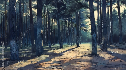 Capture the peaceful solitude of a pine forest at twilight, with shadows lengthening beneath the treesWater color,  hand drawing photo