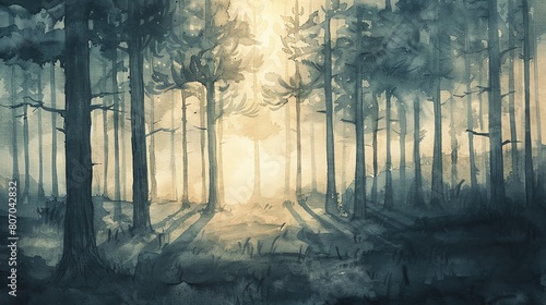 Capture the peaceful solitude of a pine forest at twilight, with shadows lengthening beneath the treesWater color,  hand drawing photo