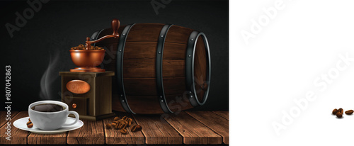 Manual coffee grinder with coffee beans and cup of coffee on a wooden table. Highly realistic illustration. © kjolak