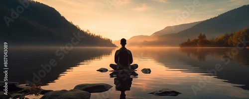 A monk sits on a rock in the middle of a lake, meditating as the sun rises over the mountains in the distance