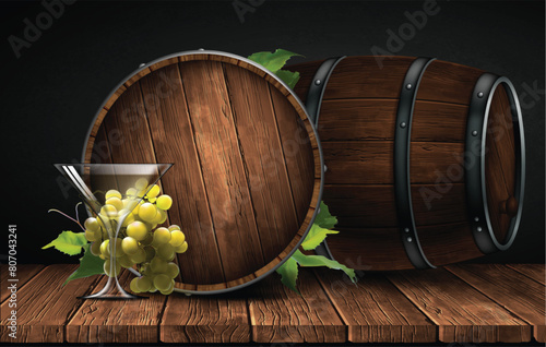 Transparent glass with white wine on a background of a wooden wine barrel.  3D vector. High detailed realistic illustration. © kjolak