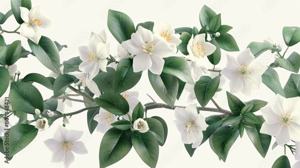 Fototapeta premium A white flower with green leaves is shown in the image