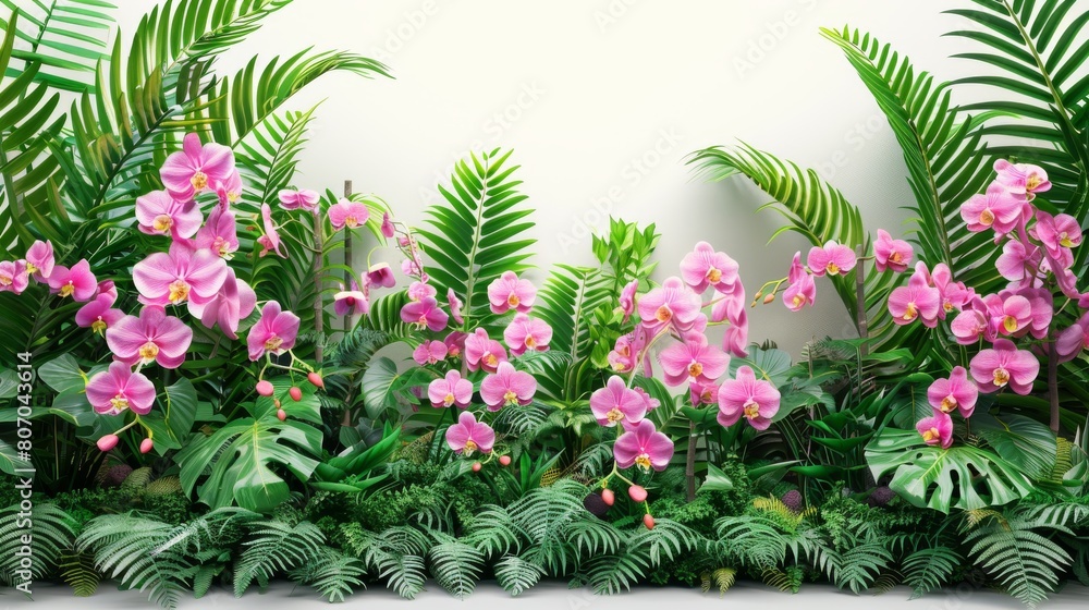 A lush green plant with pink flowers is the main focus of the image