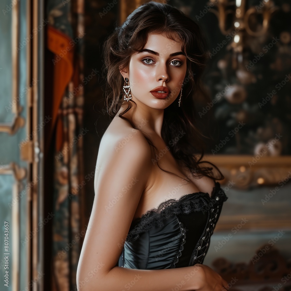 Beautiful brunette with hairstyle wearing earrings in corset in vintage room