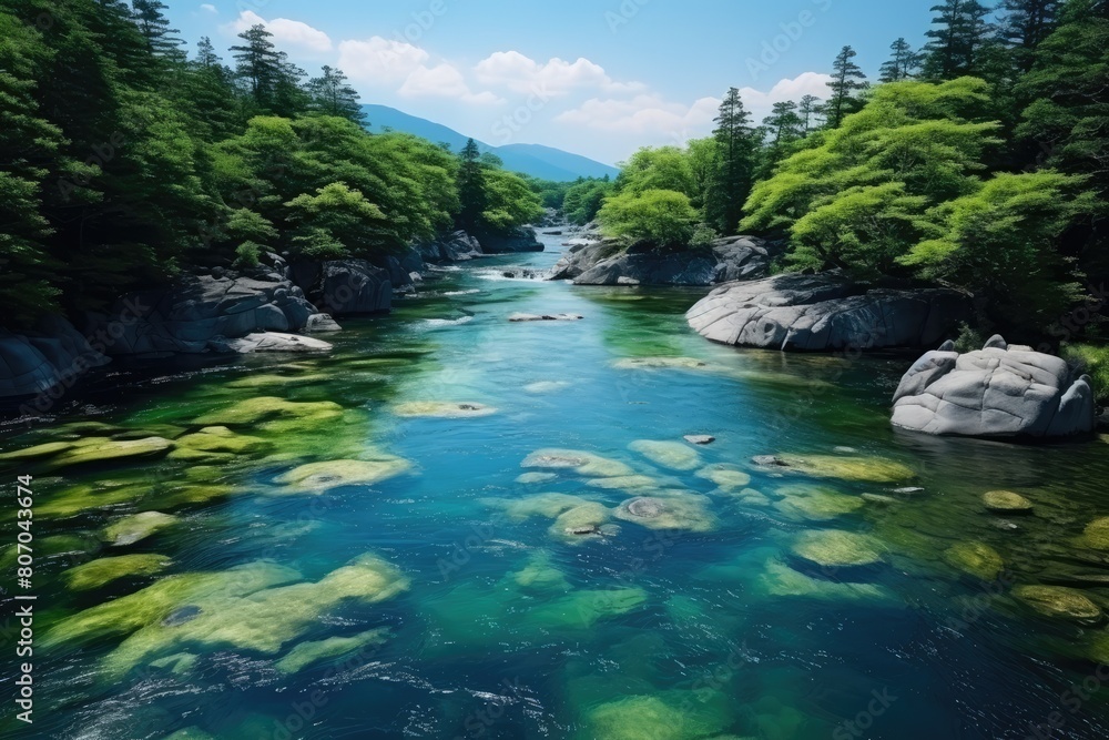 Japan landscape. Serene River Flowing Through Lush Green Forest Landscape. Japan landscape. Serene River Flowing Through Lush Green Forest Landscape.