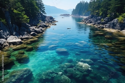 Japan landscape. Serene Coastal Inlet with Crystal Clear Water and Lush Pine Forest.