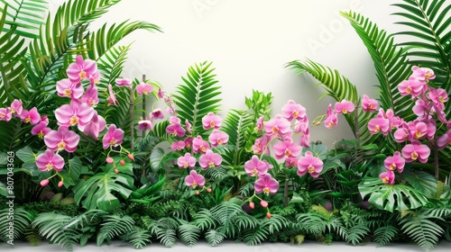 A lush green plant with pink flowers is the main focus of the image