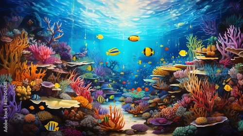 A beautiful painting of a coral reef with many colorful fish swimming around