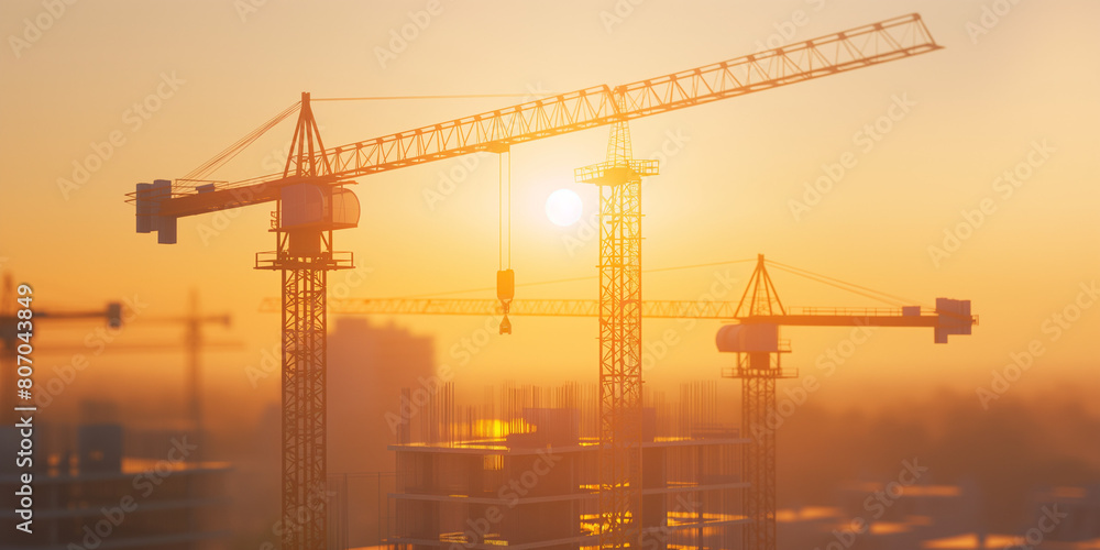City or industrial building development with tower lifting cranes in construction sites at sunset. real estate, property architecture City or industrial building development with tower lifting cranes in construction sites at sunset. real estate, property architecture