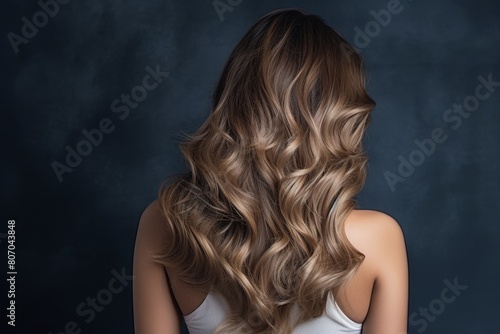 Elegant Woman with Luxurious Wavy Hair Cascading Down Her Back Against a Pearl White Background, Exuding an Aura of Timeless Beauty and Grace, Perfect for Fashion and Beauty Concepts.